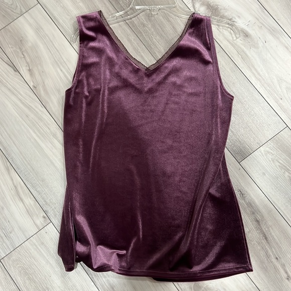 Ann Taylor Factory luxurious velvet like deep purple shell with tiny lace edge - Picture 6 of 6